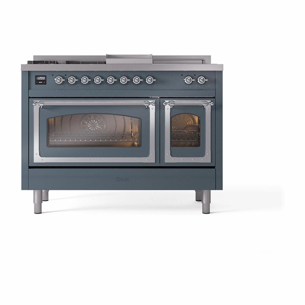 Ilve UN48FSNMPBGC Ilve Un48Fsnmpbgc Nostalgie Ii Noblesse 48" Dual Fuel Range (5 Sealed Burners   Griddle   French Top, Natural Gas, Triple Glass Door, Blue Grey, Chrome)