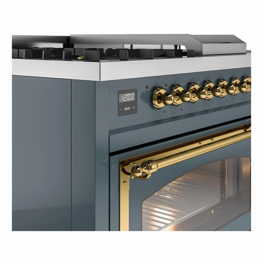 Ilve UN48FSNMPBGG Ilve Un48Fsnmpbgg Nostalgie Ii Noblesse 48" Dual Fuel Range (5 Sealed Burners   Griddle   French Top, Natural Gas, Triple Glass Door, Blue Grey, Brass)