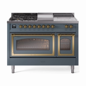Ilve UN48FSNMPBGG Ilve Un48Fsnmpbgg Nostalgie Ii Noblesse 48" Dual Fuel Range (5 Sealed Burners   Griddle   French Top, Natural Gas, Triple Glass Door, Blue Grey, Brass) Freestanding Ranges freestanding dual fuel range 30 inch