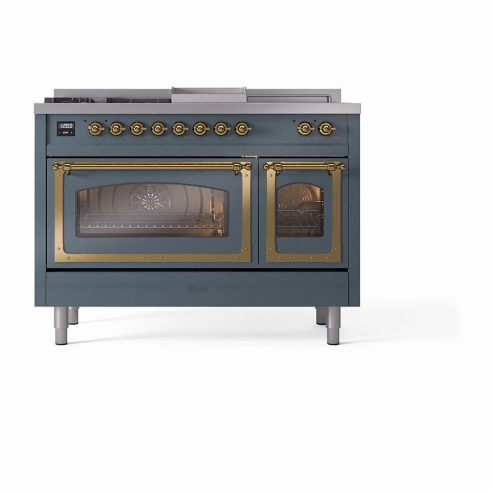 Ilve UN48FSNMPBGG Ilve Un48Fsnmpbgg Nostalgie Ii Noblesse 48" Dual Fuel Range (5 Sealed Burners   Griddle   French Top, Natural Gas, Triple Glass Door, Blue Grey, Brass)
