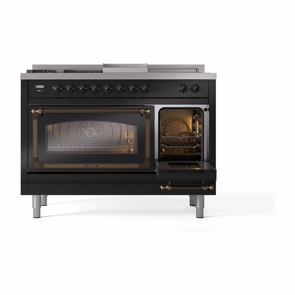 Ilve UN48FSNMPBKB Ilve Un48Fsnmpbkb Nostalgie Ii Noblesse 48" Dual Fuel Range (5 Sealed Burners   Griddle   French Top, Natural Gas, Triple Glass Door, Glossy Black, Burnished)