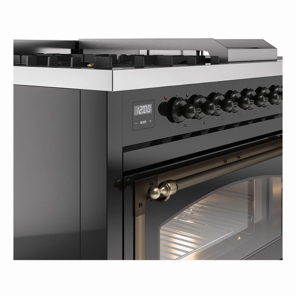Ilve UN48FSNMPBKB Ilve Un48Fsnmpbkb Nostalgie Ii Noblesse 48" Dual Fuel Range (5 Sealed Burners   Griddle   French Top, Natural Gas, Triple Glass Door, Glossy Black, Burnished)