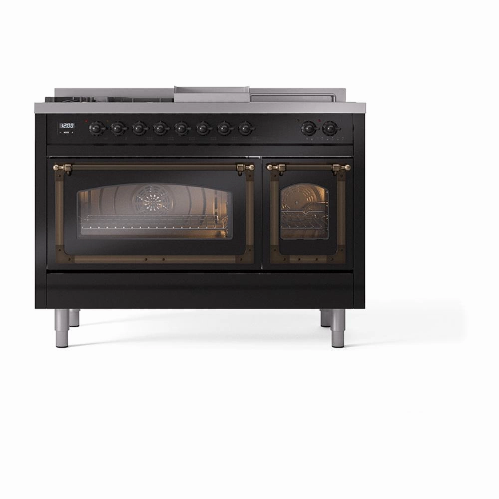 Ilve UN48FSNMPBKB Ilve Un48Fsnmpbkb Nostalgie Ii Noblesse 48" Dual Fuel Range (5 Sealed Burners   Griddle   French Top, Natural Gas, Triple Glass Door, Glossy Black, Burnished)