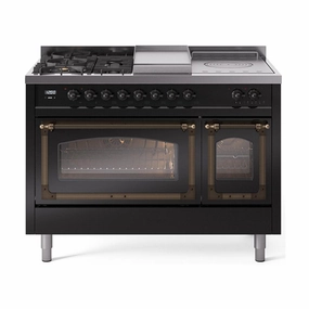 Ilve UN48FSNMPBKB Ilve Un48Fsnmpbkb Nostalgie Ii Noblesse 48" Dual Fuel Range (5 Sealed Burners   Griddle   French Top, Natural Gas, Triple Glass Door, Glossy Black, Burnished) Freestanding Ranges freestanding dual fuel range 30 inch