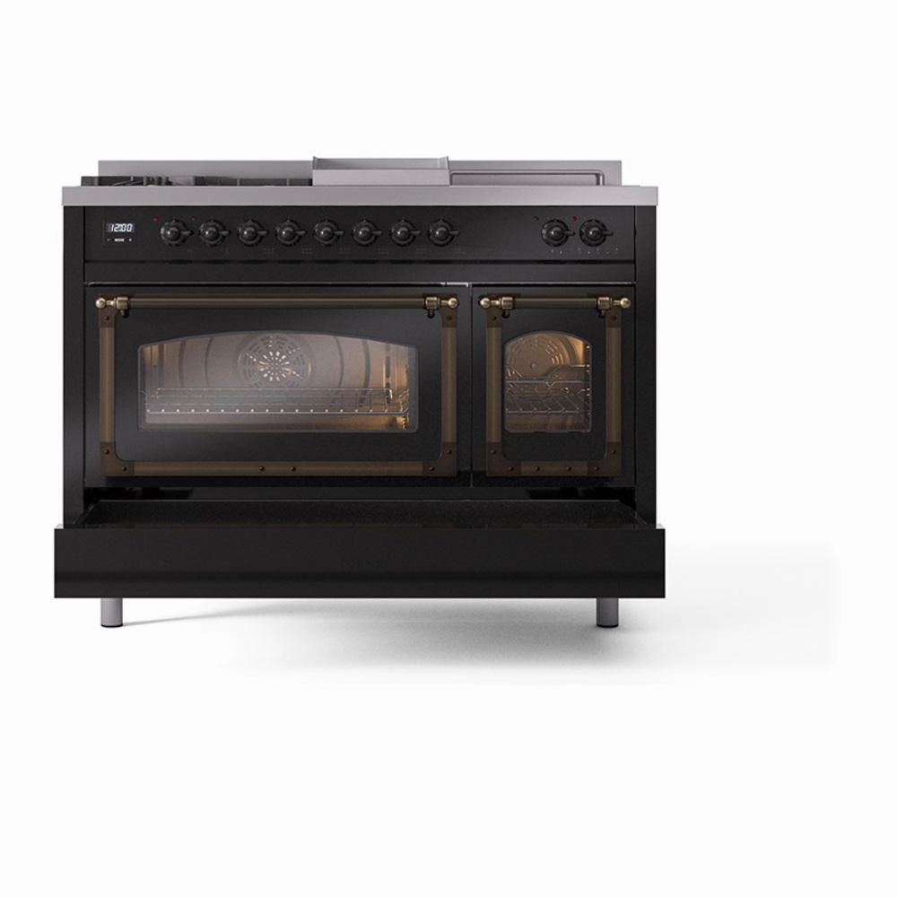 Ilve UN48FSNMPBKB Ilve Un48Fsnmpbkb Nostalgie Ii Noblesse 48" Dual Fuel Range (5 Sealed Burners   Griddle   French Top, Natural Gas, Triple Glass Door, Glossy Black, Burnished)
