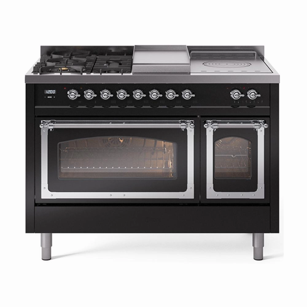 Ilve UN48FSNMPBKC Ilve Un48Fsnmpbkc Nostalgie Ii Noblesse 48" Dual Fuel Range (5 Sealed Burners   Griddle   French Top, Natural Gas, Triple Glass Door, Glossy Black, Chrome) Freestanding Ranges freestanding dual fuel range 30 inch