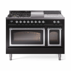 Ilve UN48FSNMPBKC Ilve Un48Fsnmpbkc Nostalgie Ii Noblesse 48" Dual Fuel Range (5 Sealed Burners   Griddle   French Top, Natural Gas, Triple Glass Door, Glossy Black, Chrome) Freestanding Ranges freestanding dual fuel range 30 inch