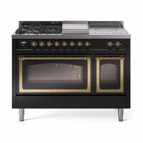 Ilve UN48FSNMPBKGLP Ilve Un48Fsnmpbkglp Nostalgie Ii Noblesse 48" Dual Fuel Range (5 Sealed Burners   Griddle   French Top, Liquid Propane, Triple Glass Door, Glossy Black, Brass) Freestanding Ranges freestanding dual fuel range 30 inch
