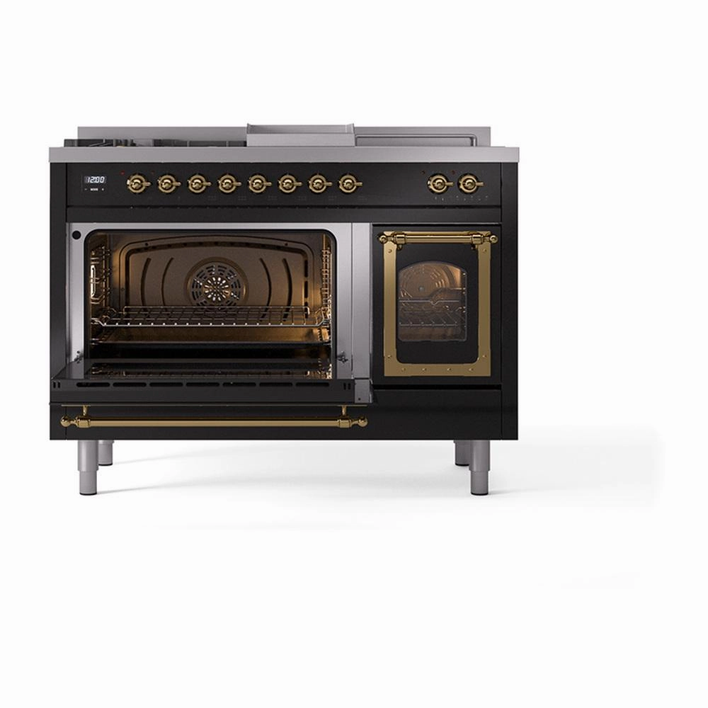 Ilve UN48FSNMPBKGLP Ilve Un48Fsnmpbkglp Nostalgie Ii Noblesse 48" Dual Fuel Range (5 Sealed Burners   Griddle   French Top, Liquid Propane, Triple Glass Door, Glossy Black, Brass)