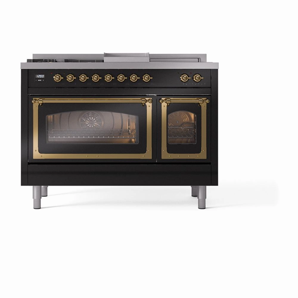 Ilve UN48FSNMPBKGLP Ilve Un48Fsnmpbkglp Nostalgie Ii Noblesse 48" Dual Fuel Range (5 Sealed Burners   Griddle   French Top, Liquid Propane, Triple Glass Door, Glossy Black, Brass)