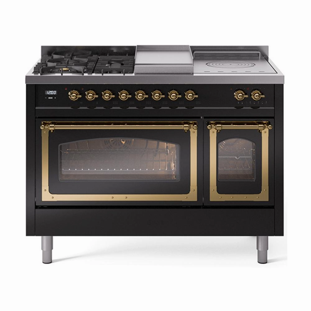 Ilve UN48FSNMPBKGLP Ilve Un48Fsnmpbkglp Nostalgie Ii Noblesse 48" Dual Fuel Range (5 Sealed Burners   Griddle   French Top, Liquid Propane, Triple Glass Door, Glossy Black, Brass) Freestanding Ranges freestanding dual fuel range 30 inch