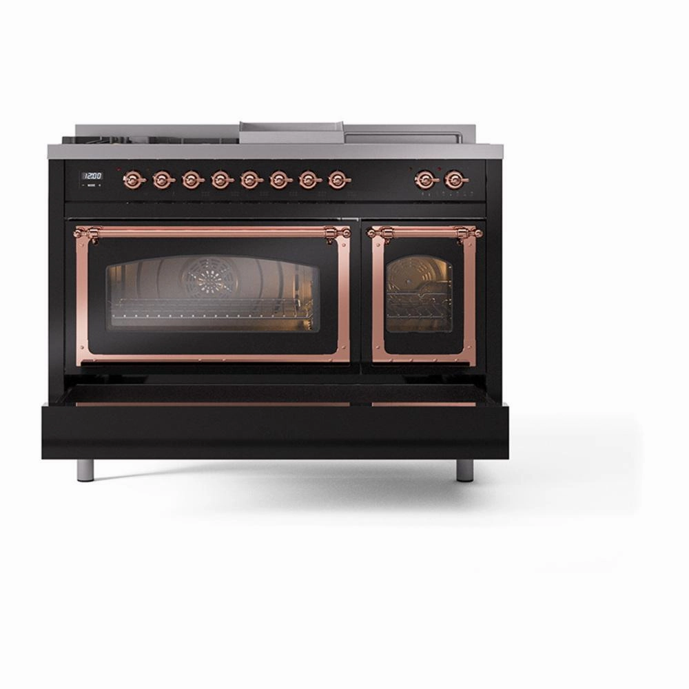 Ilve UN48FSNMPBKPLP Ilve Un48Fsnmpbkplp Nostalgie Ii Noblesse 48" Dual Fuel Range (5 Sealed Burners   Griddle   French Top, Liquid Propane, Triple Glass Door, Glossy Black, Copper)