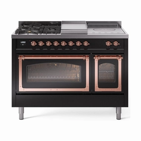 Ilve UN48FSNMPBKPLP Ilve Un48Fsnmpbkplp Nostalgie Ii Noblesse 48" Dual Fuel Range (5 Sealed Burners   Griddle   French Top, Liquid Propane, Triple Glass Door, Glossy Black, Copper) Freestanding Ranges freestanding dual fuel range 30 inch