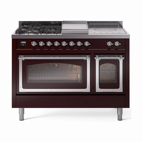 Ilve UN48FSNMPBUC Ilve Un48Fsnmpbuc Nostalgie Ii Noblesse 48" Dual Fuel Range (5 Sealed Burners   Griddle   French Top, Natural Gas, Triple Glass Door, Burgundy, Chrome) Freestanding Ranges freestanding dual fuel range 30 inch