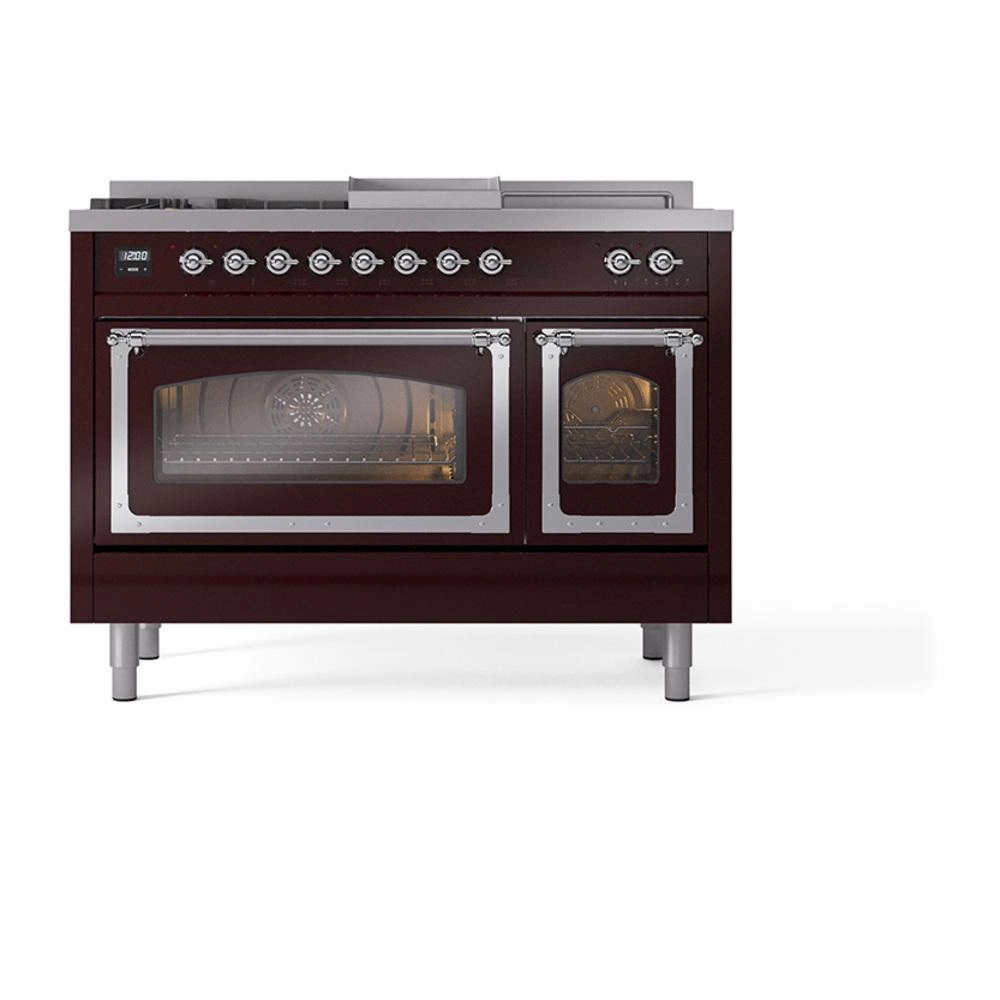Ilve UN48FSNMPBUC Ilve Un48Fsnmpbuc Nostalgie Ii Noblesse 48" Dual Fuel Range (5 Sealed Burners   Griddle   French Top, Natural Gas, Triple Glass Door, Burgundy, Chrome)