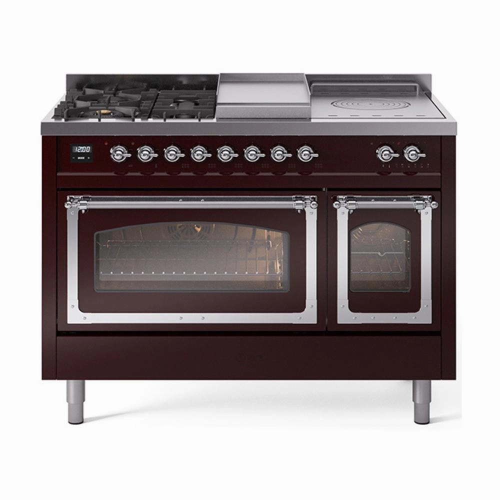 Ilve UN48FSNMPBUC Ilve Un48Fsnmpbuc Nostalgie Ii Noblesse 48" Dual Fuel Range (5 Sealed Burners   Griddle   French Top, Natural Gas, Triple Glass Door, Burgundy, Chrome) Freestanding Ranges freestanding dual fuel range 30 inch