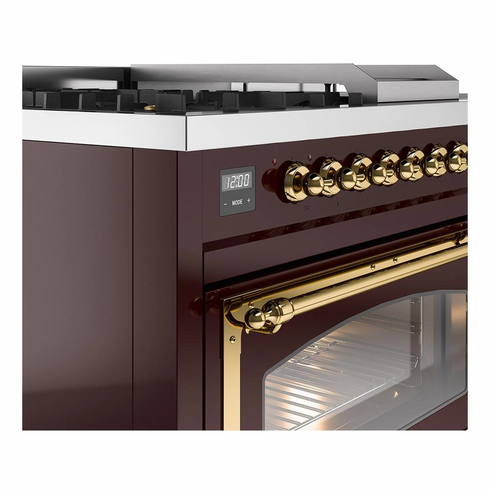 Ilve UN48FSNMPBUGLP Ilve Un48Fsnmpbuglp Nostalgie Ii Noblesse 48" Dual Fuel Range (5 Sealed Burners   Griddle   French Top, Liquid Propane, Triple Glass Door, Burgundy, Brass)