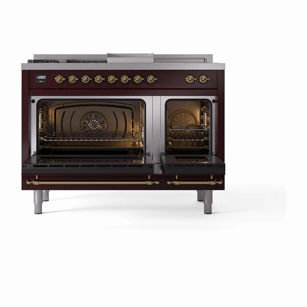 Ilve UN48FSNMPBUGLP Ilve Un48Fsnmpbuglp Nostalgie Ii Noblesse 48" Dual Fuel Range (5 Sealed Burners   Griddle   French Top, Liquid Propane, Triple Glass Door, Burgundy, Brass)