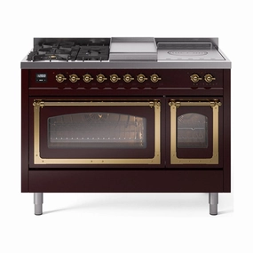 Ilve UN48FSNMPBUGLP Ilve Un48Fsnmpbuglp Nostalgie Ii Noblesse 48" Dual Fuel Range (5 Sealed Burners   Griddle   French Top, Liquid Propane, Triple Glass Door, Burgundy, Brass) Freestanding Ranges freestanding dual fuel range 30 inch