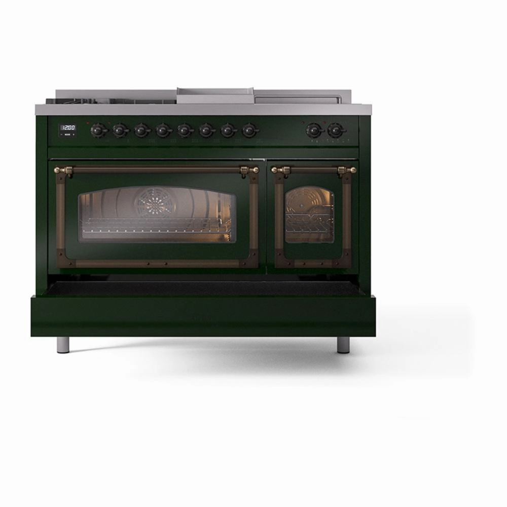 Ilve UN48FSNMPEGBLP Ilve Un48Fsnmpegblp Nostalgie Ii Noblesse 48" Dual Fuel Range (5 Sealed Burners   Griddle   French Top, Liquid Propane, Triple Glass Door, Emerald Green, Burnished)