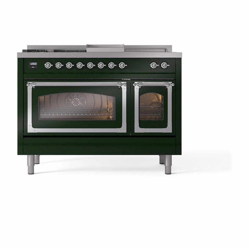 Ilve UN48FSNMPEGCLP Ilve Un48Fsnmpegclp Nostalgie Ii Noblesse 48" Dual Fuel Range (5 Sealed Burners   Griddle   French Top, Liquid Propane, Triple Glass Door, Emerald Green, Chrome)