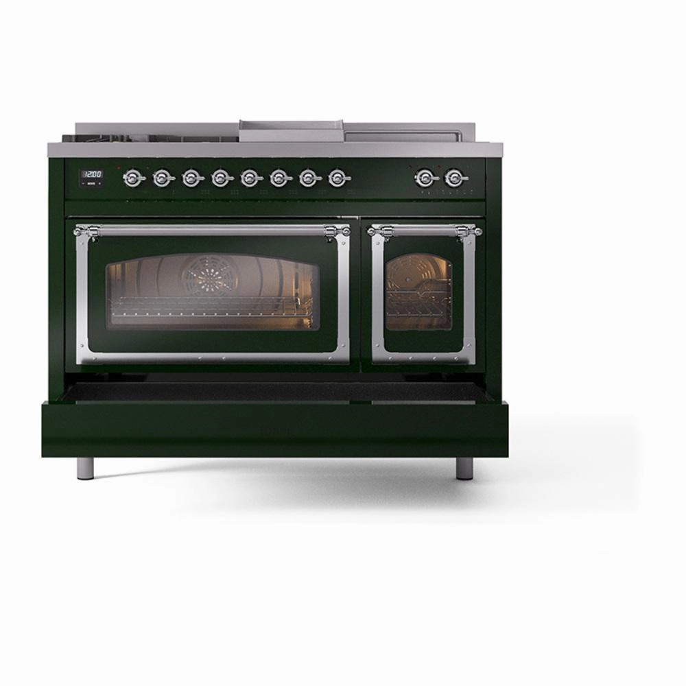 Ilve UN48FSNMPEGCLP Ilve Un48Fsnmpegclp Nostalgie Ii Noblesse 48" Dual Fuel Range (5 Sealed Burners   Griddle   French Top, Liquid Propane, Triple Glass Door, Emerald Green, Chrome)