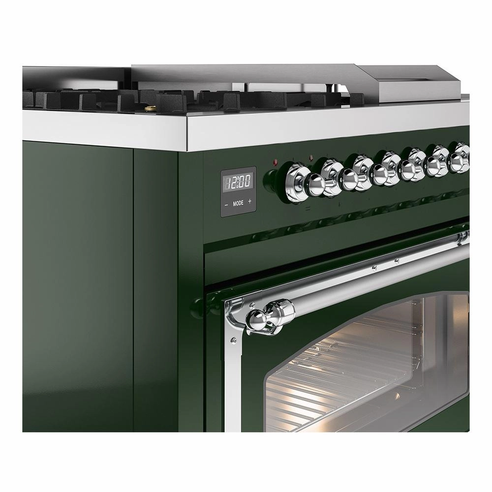 Ilve UN48FSNMPEGCLP Ilve Un48Fsnmpegclp Nostalgie Ii Noblesse 48" Dual Fuel Range (5 Sealed Burners   Griddle   French Top, Liquid Propane, Triple Glass Door, Emerald Green, Chrome)