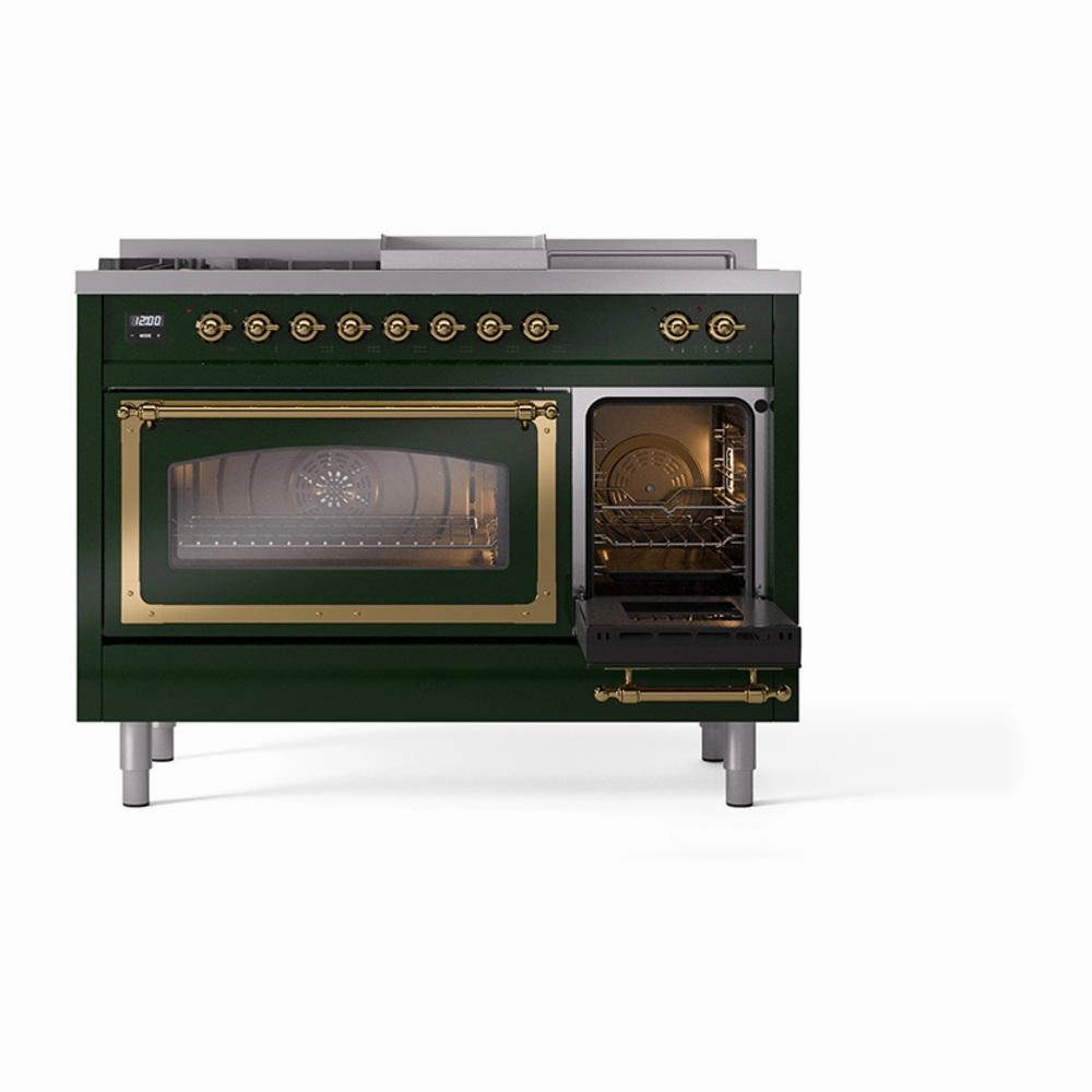 Ilve UN48FSNMPEGGLP Ilve Un48Fsnmpegglp Nostalgie Ii Noblesse 48" Dual Fuel Range (5 Sealed Burners   Griddle   French Top, Liquid Propane, Triple Glass Door, Emerald Green, Brass)
