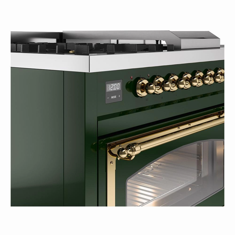 Ilve UN48FSNMPEGGLP Ilve Un48Fsnmpegglp Nostalgie Ii Noblesse 48" Dual Fuel Range (5 Sealed Burners   Griddle   French Top, Liquid Propane, Triple Glass Door, Emerald Green, Brass)