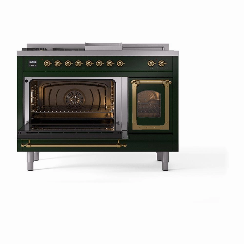 Ilve UN48FSNMPEGGLP Ilve Un48Fsnmpegglp Nostalgie Ii Noblesse 48" Dual Fuel Range (5 Sealed Burners   Griddle   French Top, Liquid Propane, Triple Glass Door, Emerald Green, Brass)
