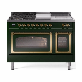 Ilve UN48FSNMPEGGLP Ilve Un48Fsnmpegglp Nostalgie Ii Noblesse 48" Dual Fuel Range (5 Sealed Burners   Griddle   French Top, Liquid Propane, Triple Glass Door, Emerald Green, Brass) Freestanding Ranges freestanding dual fuel range 30 inch