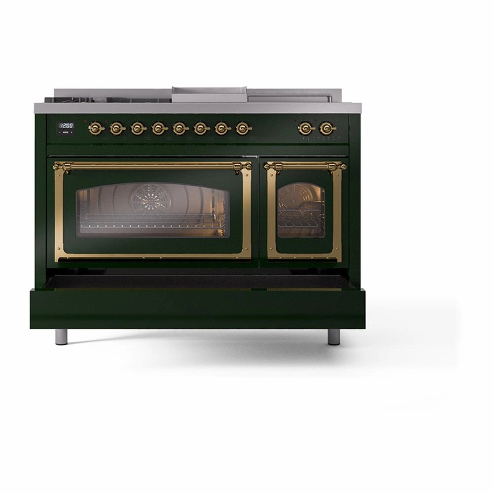 Ilve UN48FSNMPEGGLP Ilve Un48Fsnmpegglp Nostalgie Ii Noblesse 48" Dual Fuel Range (5 Sealed Burners   Griddle   French Top, Liquid Propane, Triple Glass Door, Emerald Green, Brass)