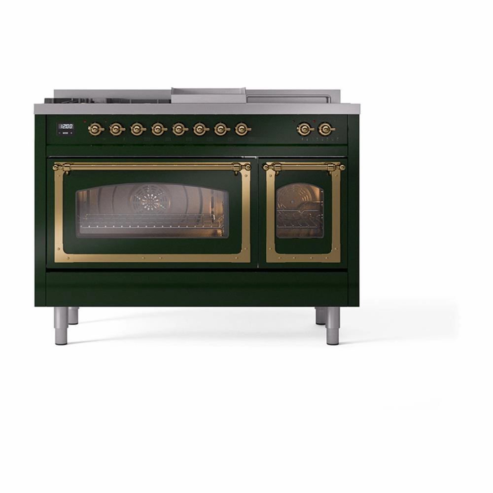 Ilve UN48FSNMPEGGLP Ilve Un48Fsnmpegglp Nostalgie Ii Noblesse 48" Dual Fuel Range (5 Sealed Burners   Griddle   French Top, Liquid Propane, Triple Glass Door, Emerald Green, Brass)