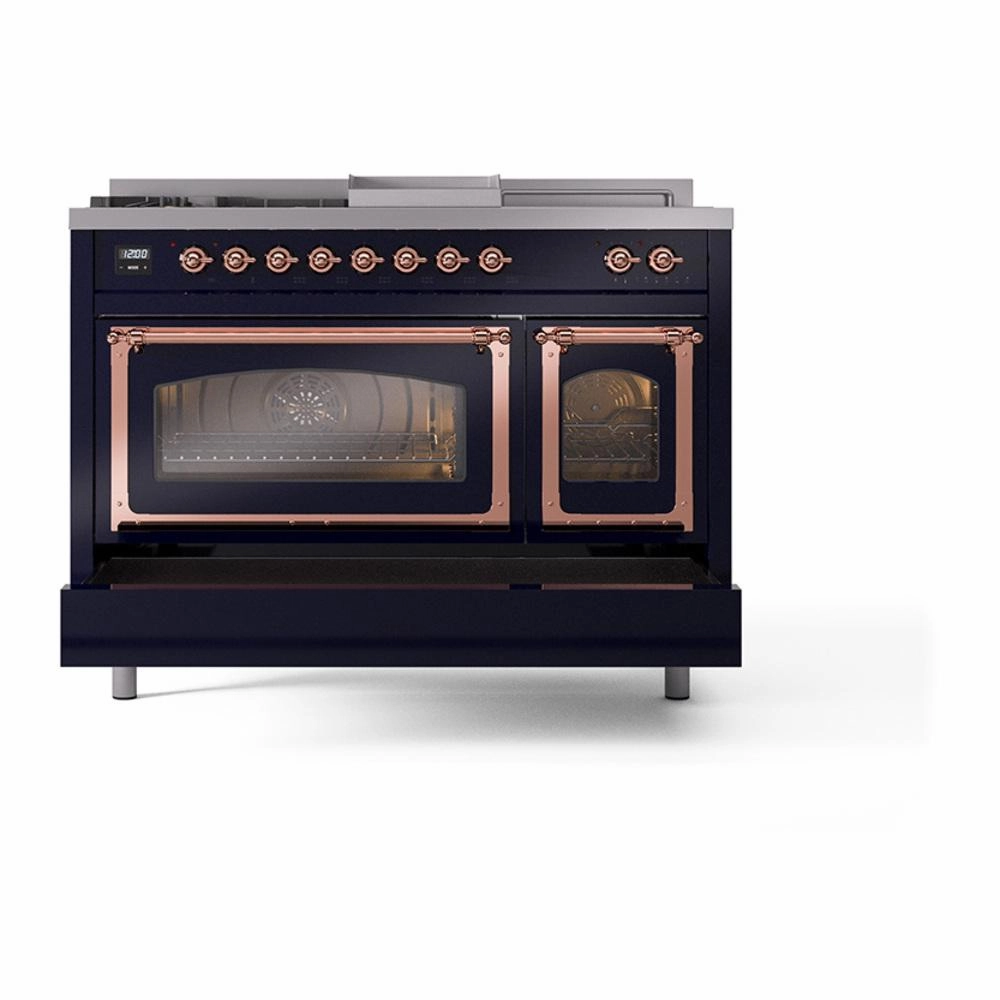 Ilve UN48FSNMPMBP Ilve Un48Fsnmpmbp Nostalgie Ii Noblesse 48" Dual Fuel Range (5 Sealed Burners   Griddle   French Top, Natural Gas, Triple Glass Door, Midnight Blue, Copper)