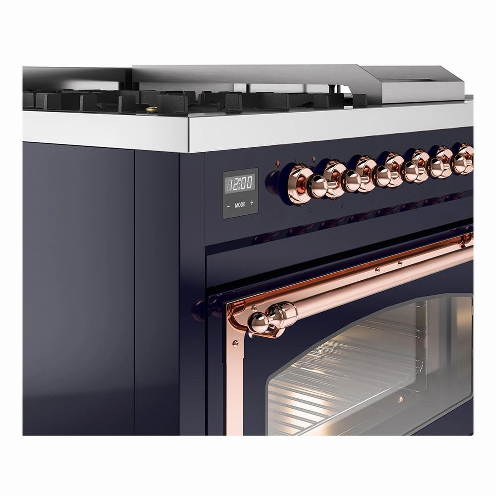 Ilve UN48FSNMPMBP Ilve Un48Fsnmpmbp Nostalgie Ii Noblesse 48" Dual Fuel Range (5 Sealed Burners   Griddle   French Top, Natural Gas, Triple Glass Door, Midnight Blue, Copper)