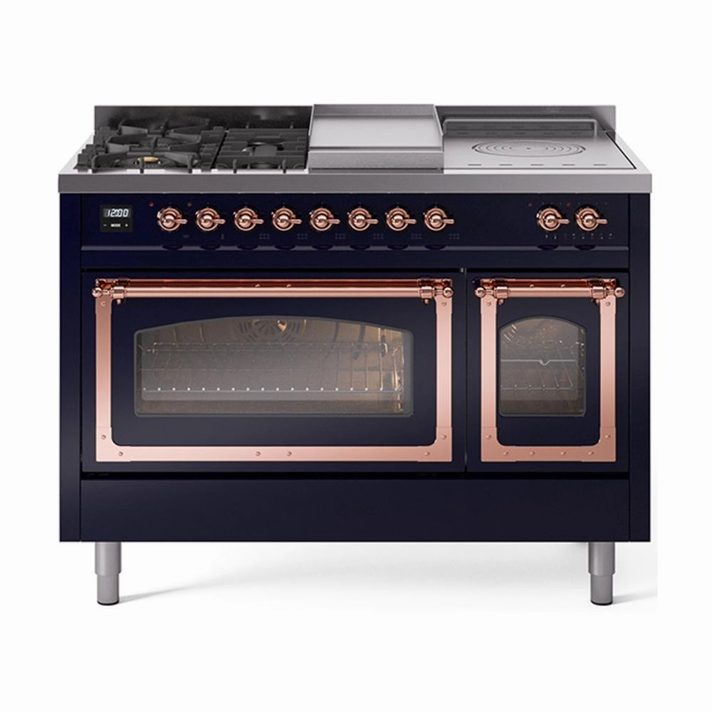 Ilve UN48FSNMPMBP Ilve Un48Fsnmpmbp Nostalgie Ii Noblesse 48" Dual Fuel Range (5 Sealed Burners   Griddle   French Top, Natural Gas, Triple Glass Door, Midnight Blue, Copper) Freestanding Ranges freestanding dual fuel range 30 inch