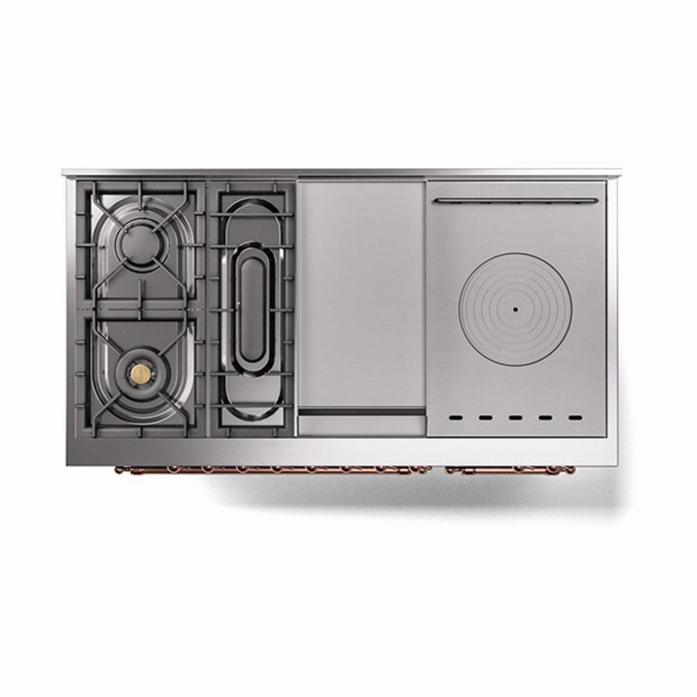Ilve UN48FSNMPMBP Ilve Un48Fsnmpmbp Nostalgie Ii Noblesse 48" Dual Fuel Range (5 Sealed Burners   Griddle   French Top, Natural Gas, Triple Glass Door, Midnight Blue, Copper)