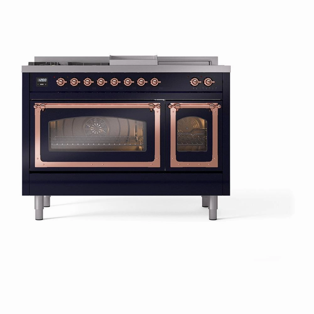 Ilve UN48FSNMPMBP Ilve Un48Fsnmpmbp Nostalgie Ii Noblesse 48" Dual Fuel Range (5 Sealed Burners   Griddle   French Top, Natural Gas, Triple Glass Door, Midnight Blue, Copper)