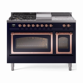 Ilve UN48FSNMPMBP Ilve Un48Fsnmpmbp Nostalgie Ii Noblesse 48" Dual Fuel Range (5 Sealed Burners   Griddle   French Top, Natural Gas, Triple Glass Door, Midnight Blue, Copper) Freestanding Ranges freestanding dual fuel range 30 inch