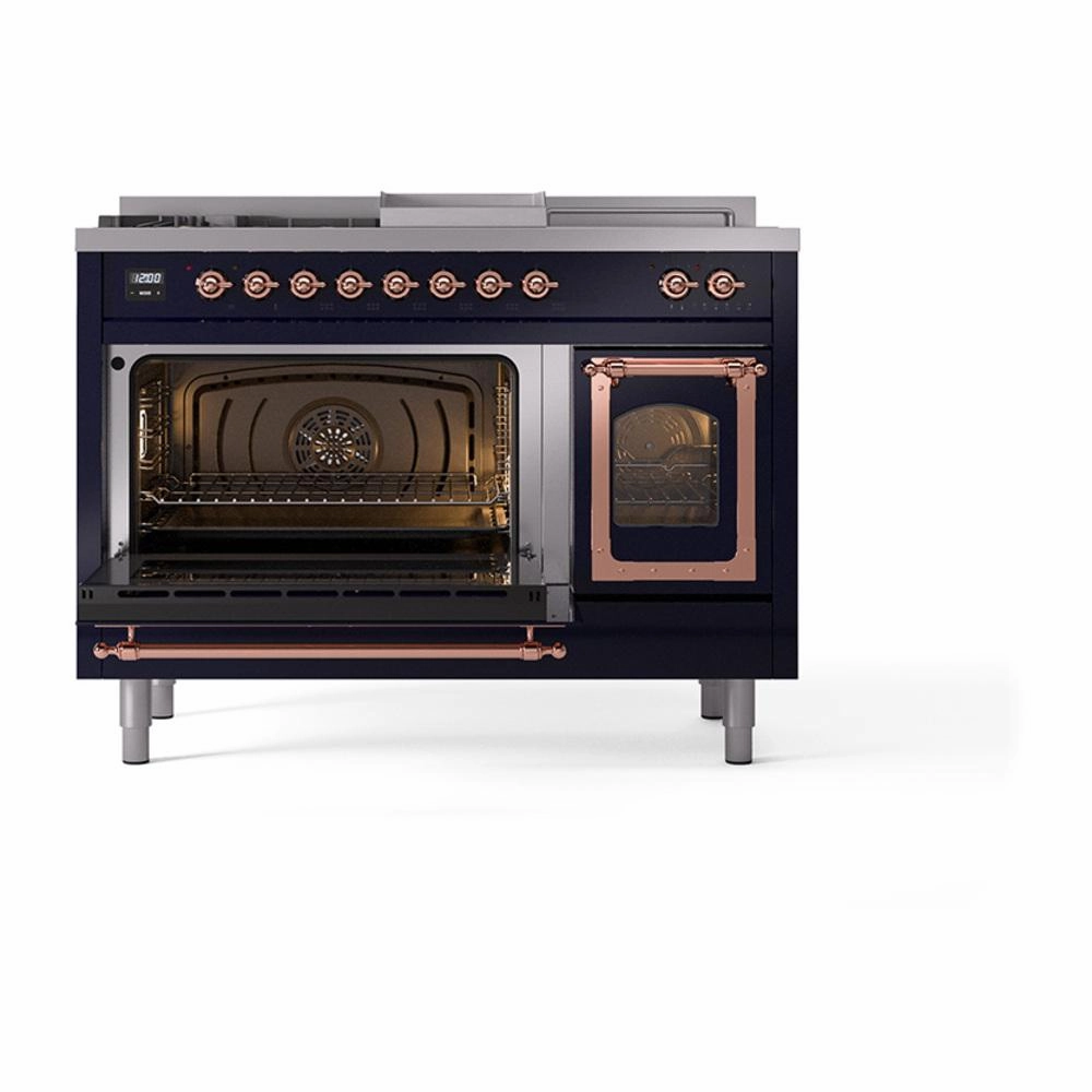 Ilve UN48FSNMPMBP Ilve Un48Fsnmpmbp Nostalgie Ii Noblesse 48" Dual Fuel Range (5 Sealed Burners   Griddle   French Top, Natural Gas, Triple Glass Door, Midnight Blue, Copper)