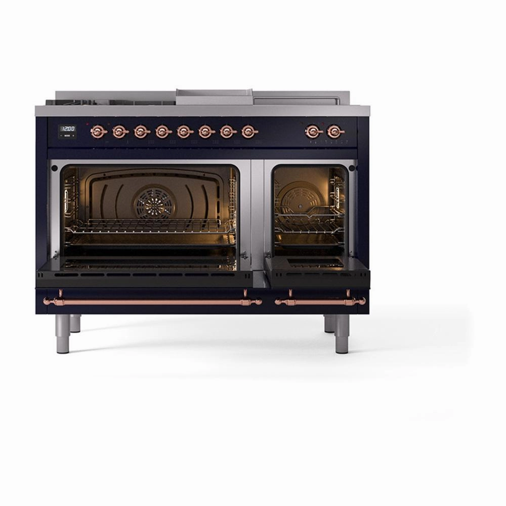 Ilve UN48FSNMPMBP Ilve Un48Fsnmpmbp Nostalgie Ii Noblesse 48" Dual Fuel Range (5 Sealed Burners   Griddle   French Top, Natural Gas, Triple Glass Door, Midnight Blue, Copper)