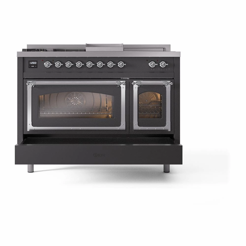 Ilve UN48FSNMPMGC Ilve Un48Fsnmpmgc Nostalgie Ii Noblesse 48" Dual Fuel Range (5 Sealed Burners   Griddle   French Top, Natural Gas, Triple Glass Door, Graphite Matte, Chrome)