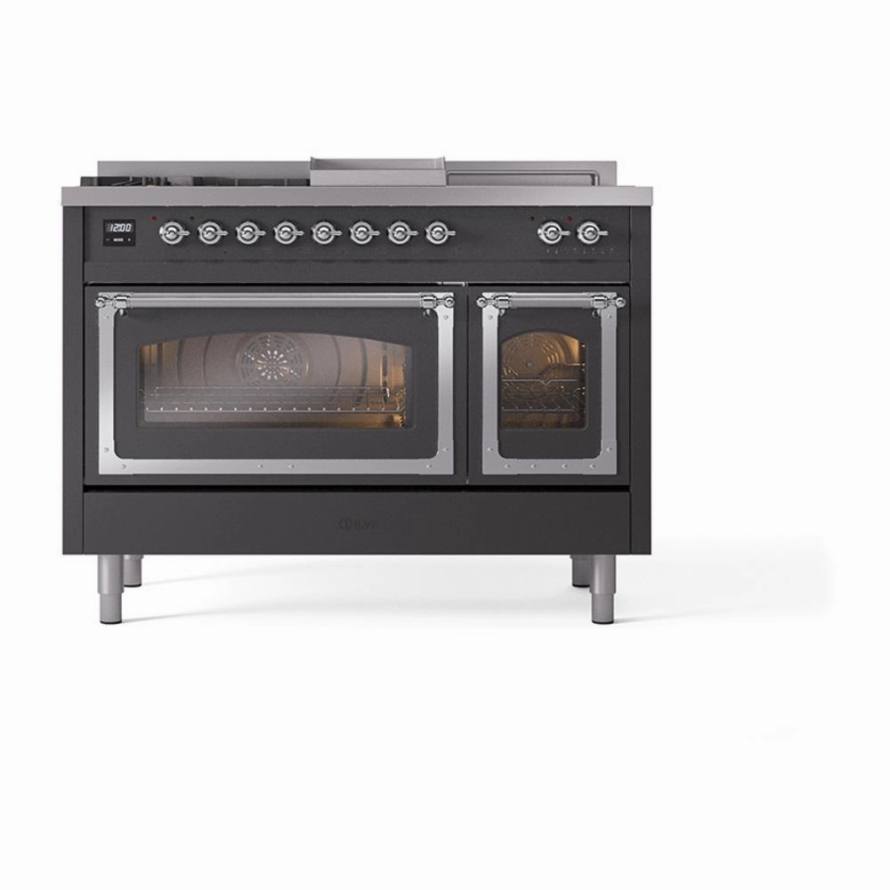 Ilve UN48FSNMPMGC Ilve Un48Fsnmpmgc Nostalgie Ii Noblesse 48" Dual Fuel Range (5 Sealed Burners   Griddle   French Top, Natural Gas, Triple Glass Door, Graphite Matte, Chrome)