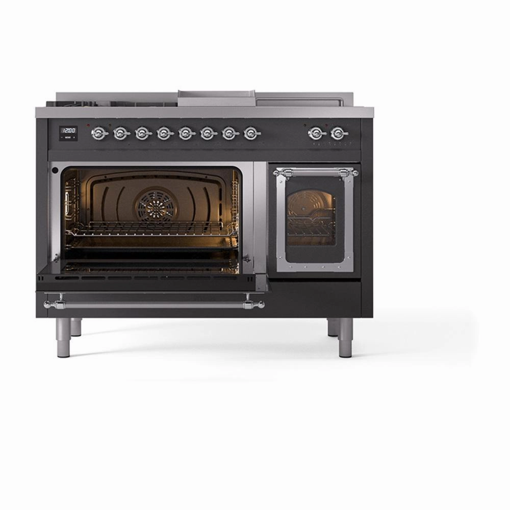 Ilve UN48FSNMPMGC Ilve Un48Fsnmpmgc Nostalgie Ii Noblesse 48" Dual Fuel Range (5 Sealed Burners   Griddle   French Top, Natural Gas, Triple Glass Door, Graphite Matte, Chrome)