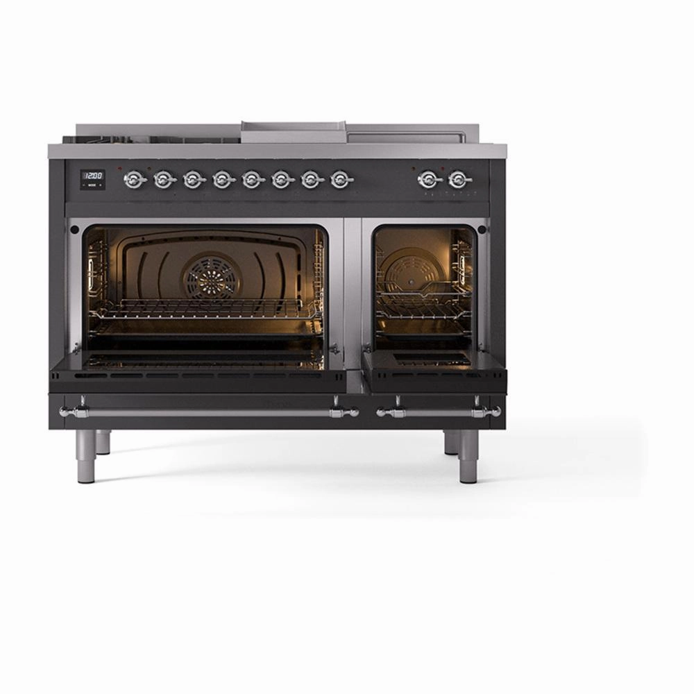 Ilve UN48FSNMPMGC Ilve Un48Fsnmpmgc Nostalgie Ii Noblesse 48" Dual Fuel Range (5 Sealed Burners   Griddle   French Top, Natural Gas, Triple Glass Door, Graphite Matte, Chrome)