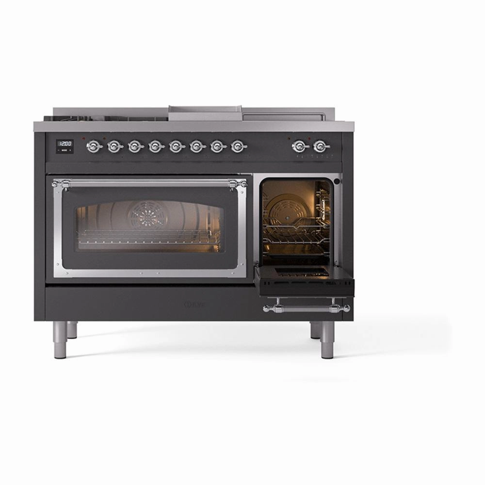 Ilve UN48FSNMPMGC Ilve Un48Fsnmpmgc Nostalgie Ii Noblesse 48" Dual Fuel Range (5 Sealed Burners   Griddle   French Top, Natural Gas, Triple Glass Door, Graphite Matte, Chrome)