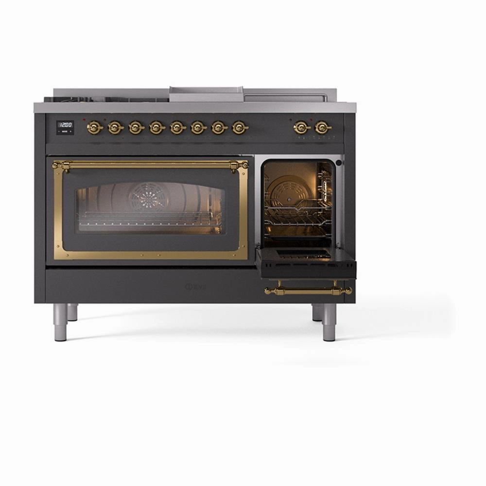 Ilve UN48FSNMPMGGLP Ilve Un48Fsnmpmgglp Nostalgie Ii Noblesse 48" Dual Fuel Range (5 Sealed Burners   Griddle   French Top, Liquid Propane, Triple Glass Door, Graphite Matte, Brass)