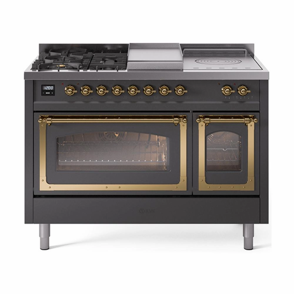 Ilve UN48FSNMPMGGLP Ilve Un48Fsnmpmgglp Nostalgie Ii Noblesse 48" Dual Fuel Range (5 Sealed Burners   Griddle   French Top, Liquid Propane, Triple Glass Door, Graphite Matte, Brass) Freestanding Ranges freestanding dual fuel range 30 inch