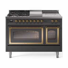Ilve UN48FSNMPMGGLP Ilve Un48Fsnmpmgglp Nostalgie Ii Noblesse 48" Dual Fuel Range (5 Sealed Burners   Griddle   French Top, Liquid Propane, Triple Glass Door, Graphite Matte, Brass) Freestanding Ranges freestanding dual fuel range 30 inch