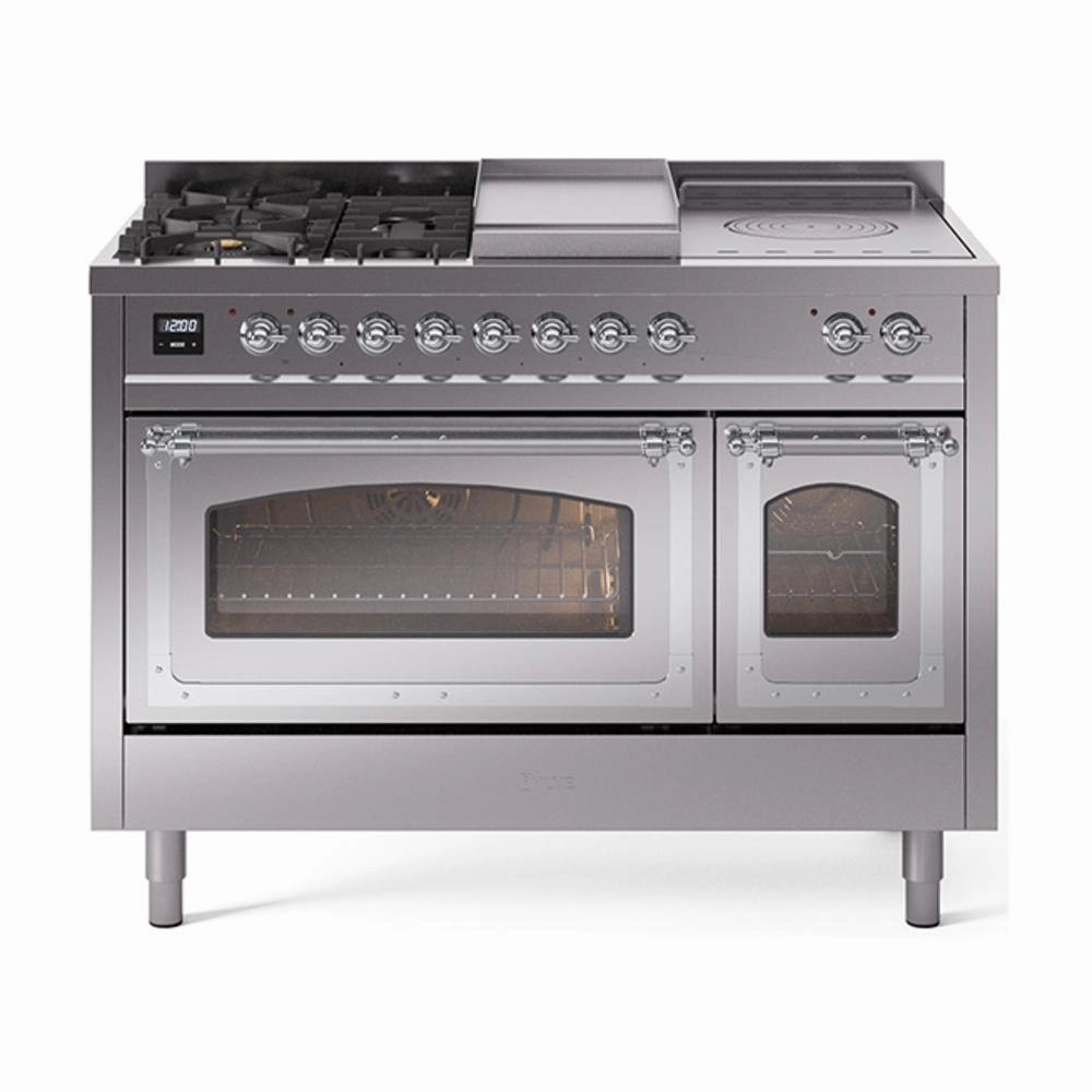 Ilve UN48FSNMPSSC Ilve Un48Fsnmpssc Nostalgie Ii Noblesse 48" Dual Fuel Range (5 Sealed Burners   Griddle   French Top, Natural Gas, Triple Glass Door, Stainless Steel, Chrome) Freestanding Ranges freestanding dual fuel range 30 inch